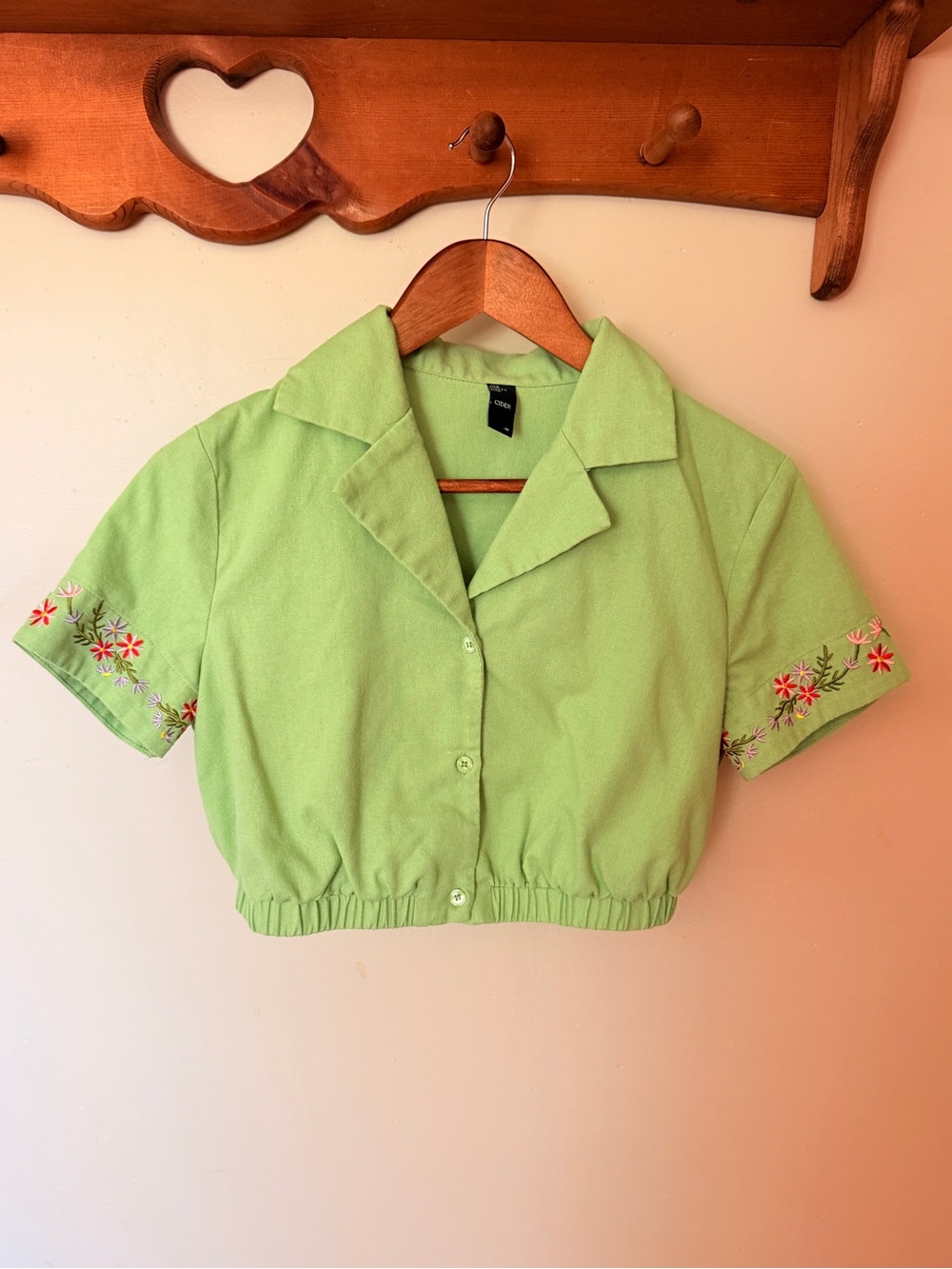 Cider Lime Green Cropped Embroidered Button-Up Top